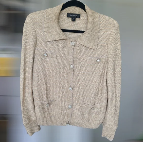 St. John Gold Silver Threading Blazer Jacket Sweater Rhinestone Buttons Size L - Picture 1 of 4